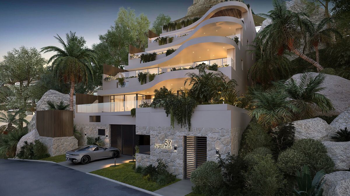 Curved terraced apartment building seen from the street at dusk, architectural 3D render