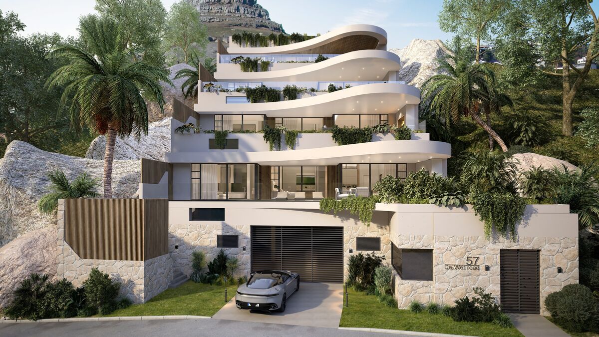 Terraced apartment building with curved balconies and planted terraces on a rocky hillside, architectural 3D render
