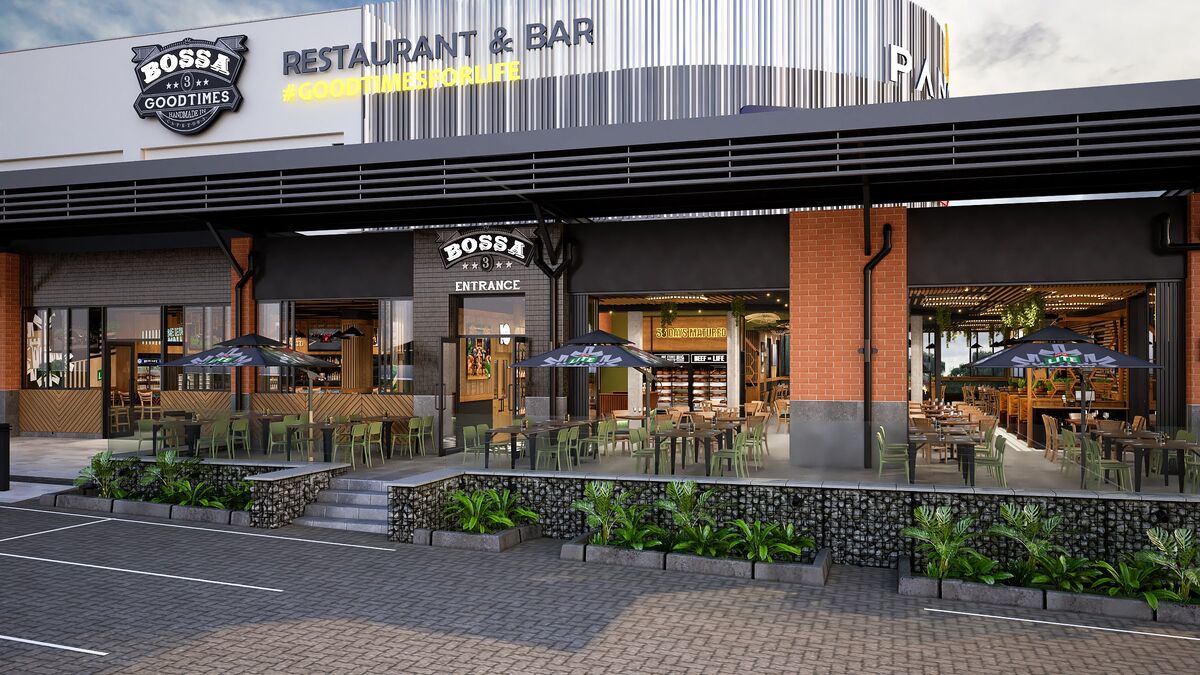 Bossa restaurant and bar exterior with outdoor seating under umbrellas, 3D render