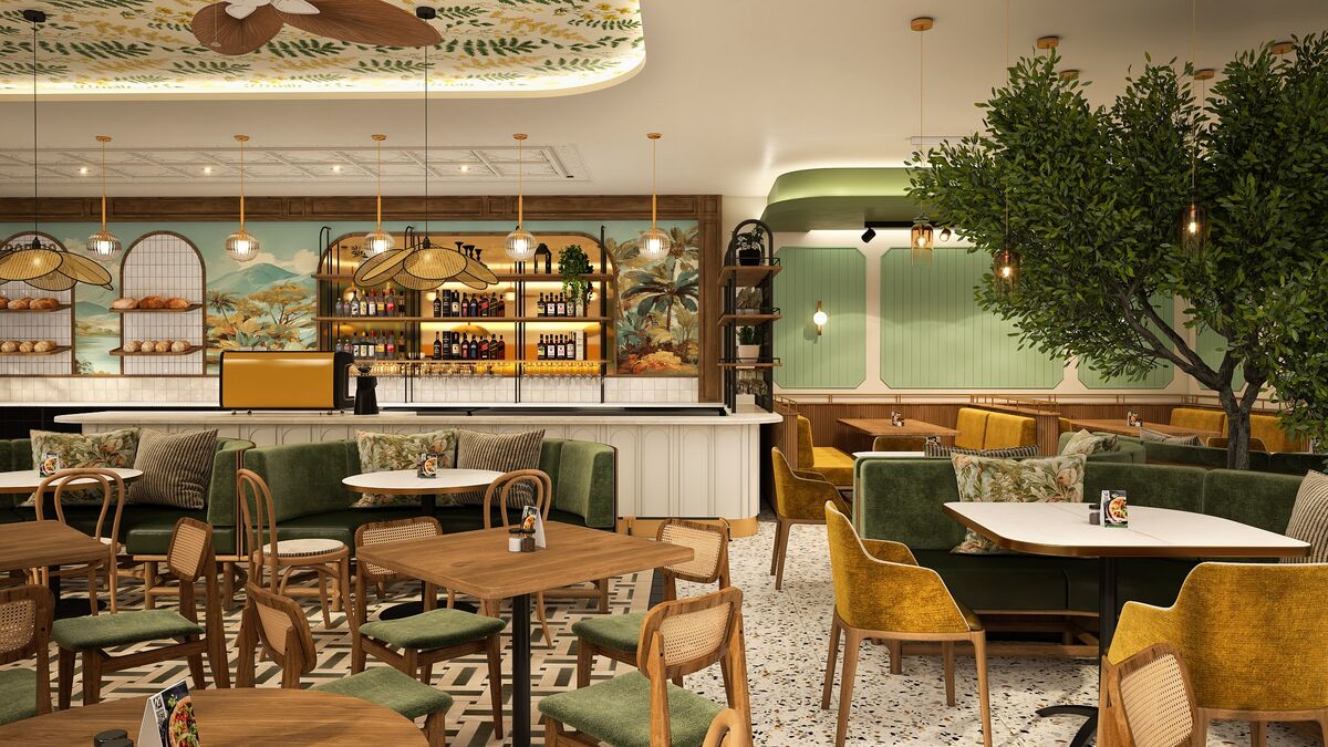 Doppio Zero restaurant interior with green banquettes, olive tree and botanical wallpaper, 3D render