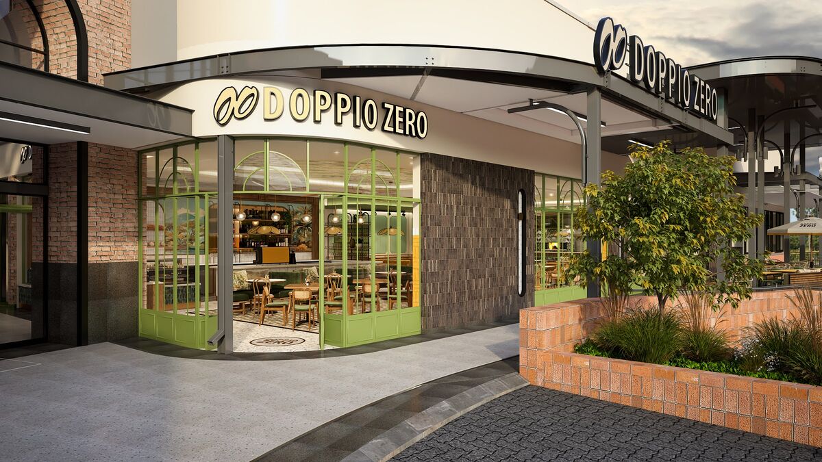 Doppio Zero restaurant shopfront with green steel framing and planters, 3D render