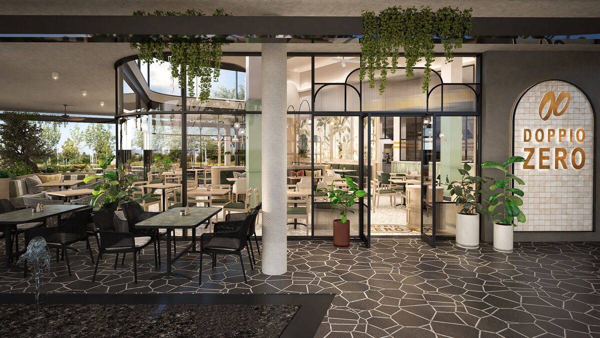 Doppio Zero restaurant patio with crazy-paving floor, hanging plants and arched glazing, 3D render