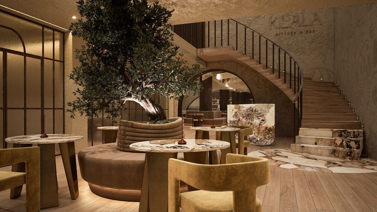 Kilala restaurant and bar with olive tree, curved banquette and sweeping staircase, interior 3D render