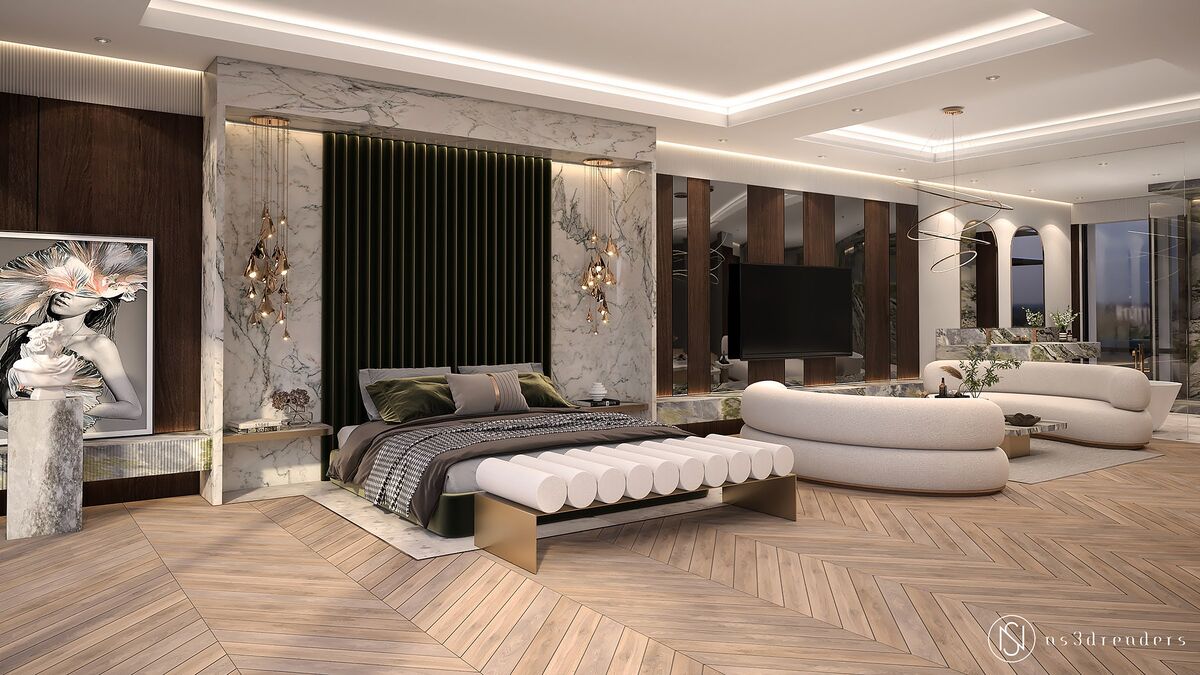 Luxury bedroom suite with marble feature wall, upholstered bench and lounge area, interior 3D render