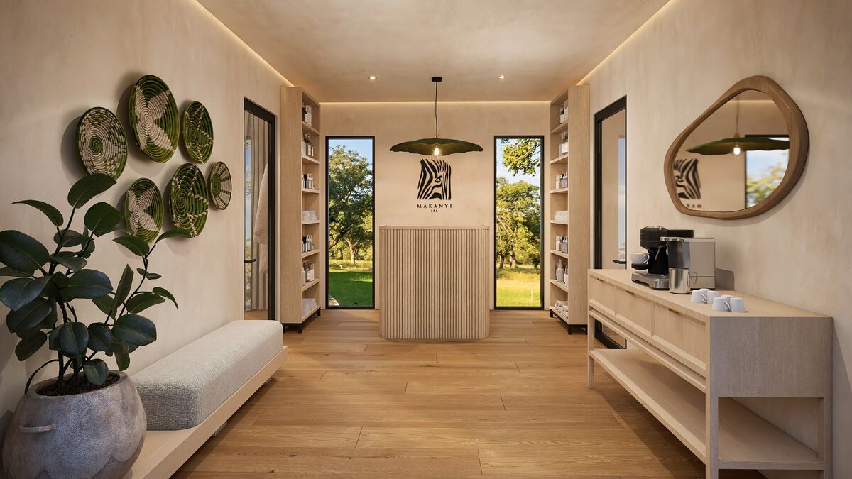 Spa reception with woven wall baskets, oak floor and organic mirror, interior 3D render