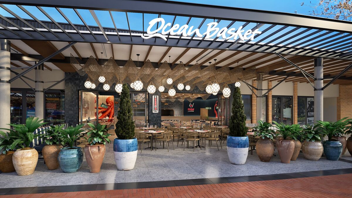 Ocean Basket restaurant terrace with rope pendant lights and potted plants, 3D render