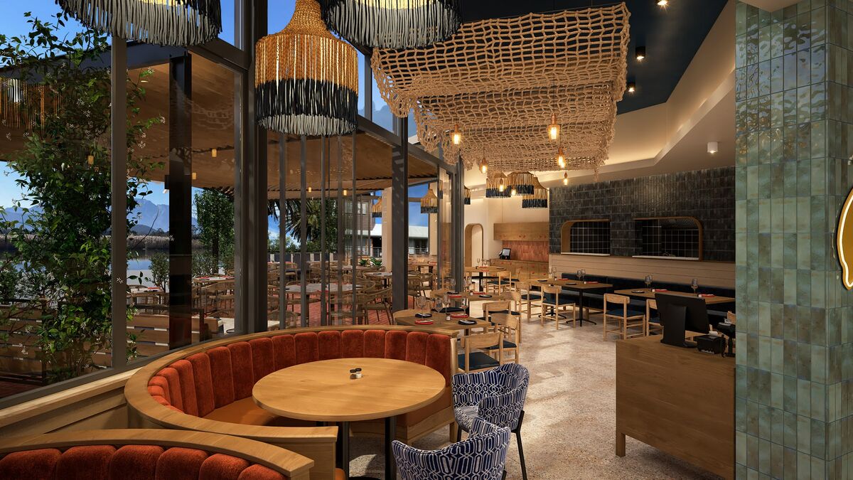 Ocean Basket restaurant interior with rope net ceiling, red velvet booth and green tiles, 3D render