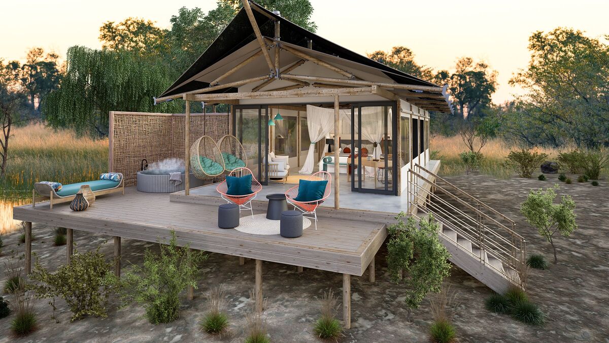 Safari lodge tented suite on a raised timber deck with hanging chairs, 3D render
